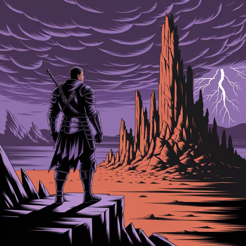 Dark Fantasy Warrior at Crumbling Ruins