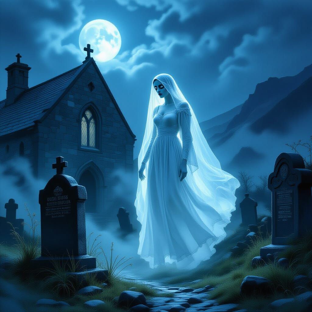 Ethereal Ghost in Misty Cemetery: A Gothic Vision