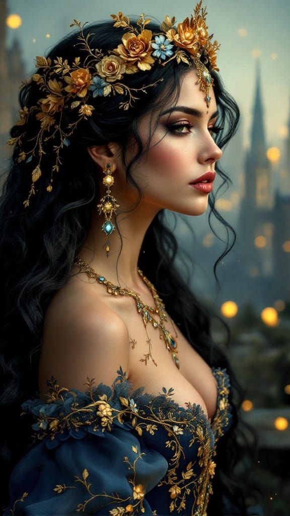 Regal Portrait of a Midnight-Haired Queen in Opulent Baroque...