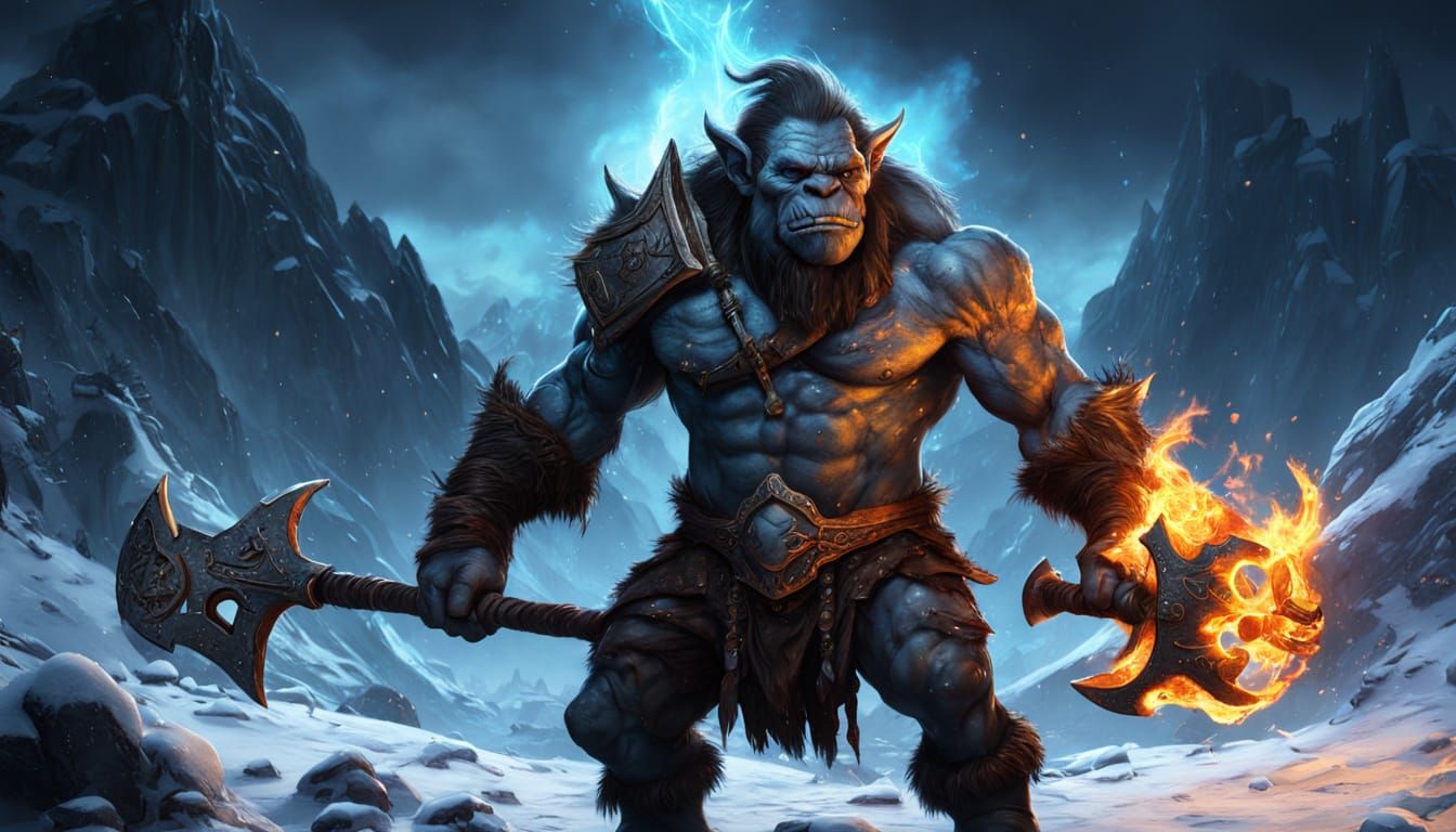 Tattooed Troll with Flaming Axe in Oil Painting Style