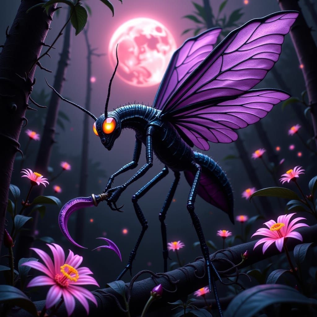 Flower-Mantis Queen in Metallic Armor, Dark Fantasy