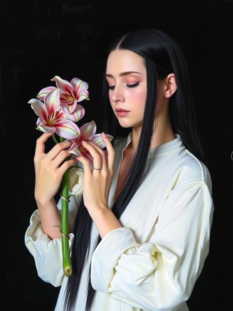Elegant Woman with Lilies in Classical Realist Style