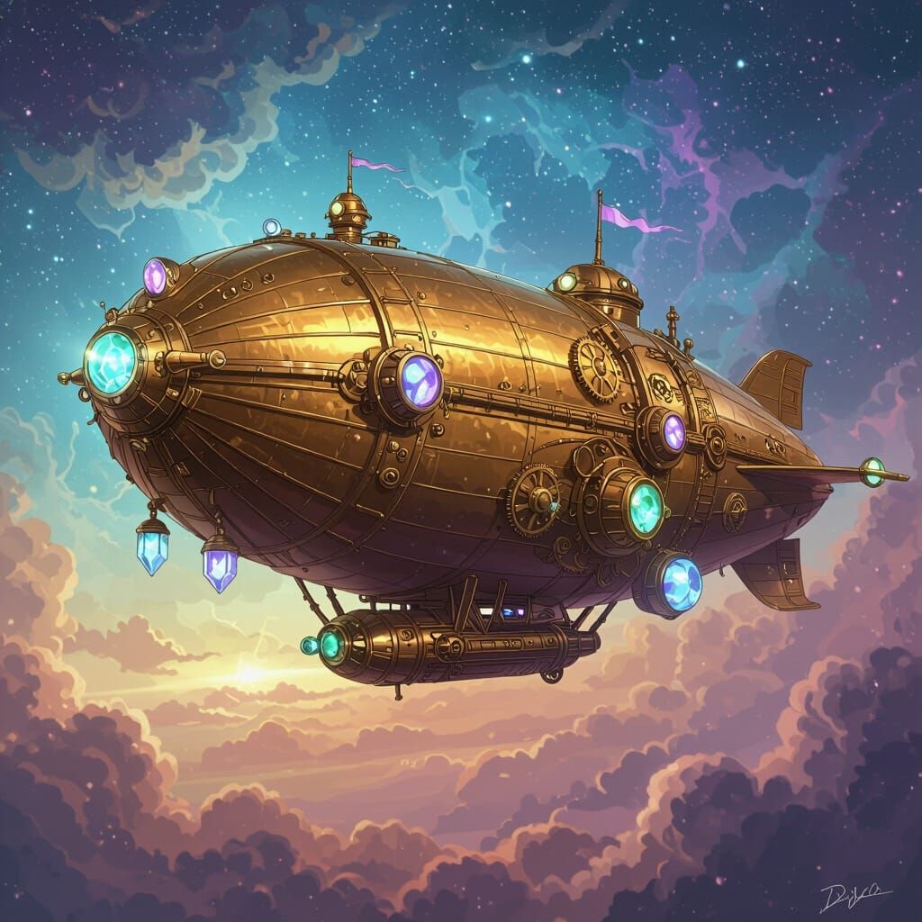 Steampunk Airship Drifting Through a Nebula in Anime Style