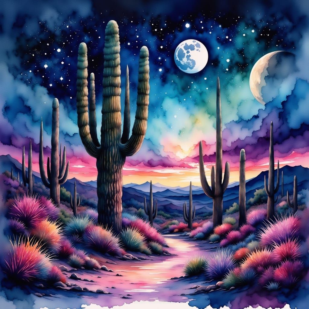 Neon Desert Oasis: Watercolor Sci-Fi Landscape