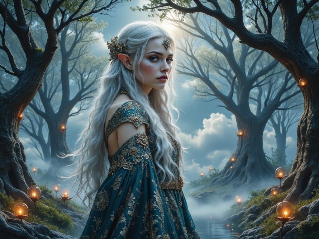 Elven Woman in Enchanted Forest, Art Nouveau Style