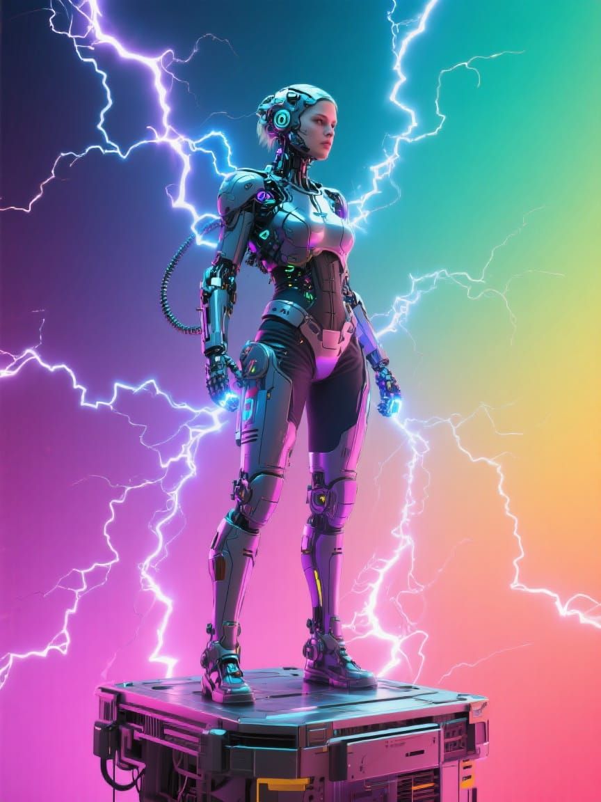 Cyborg Woman Recharging in Cyberpunk Style