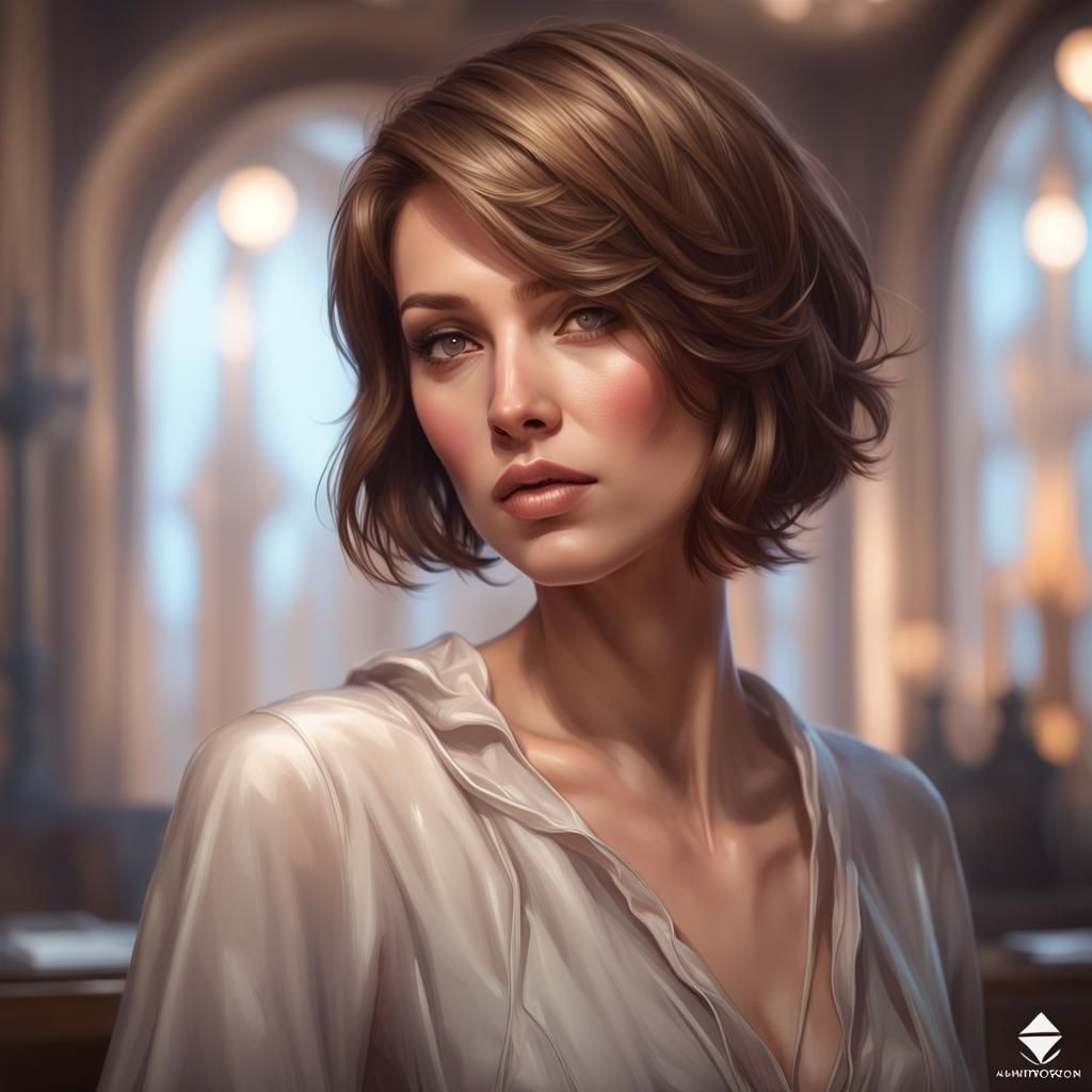 Detailed Portrait of Woman with Bob in Digital Art Style