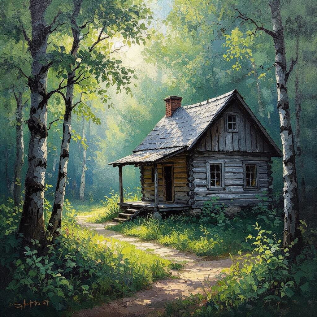 Impressionist Oil Painting of a Forest Cabin