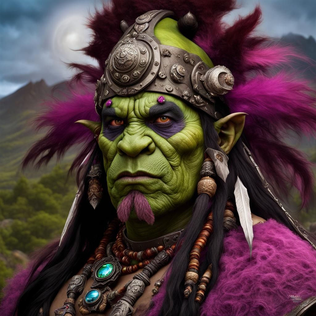 Realistic Orc Shaman Portrait in Green and Magenta