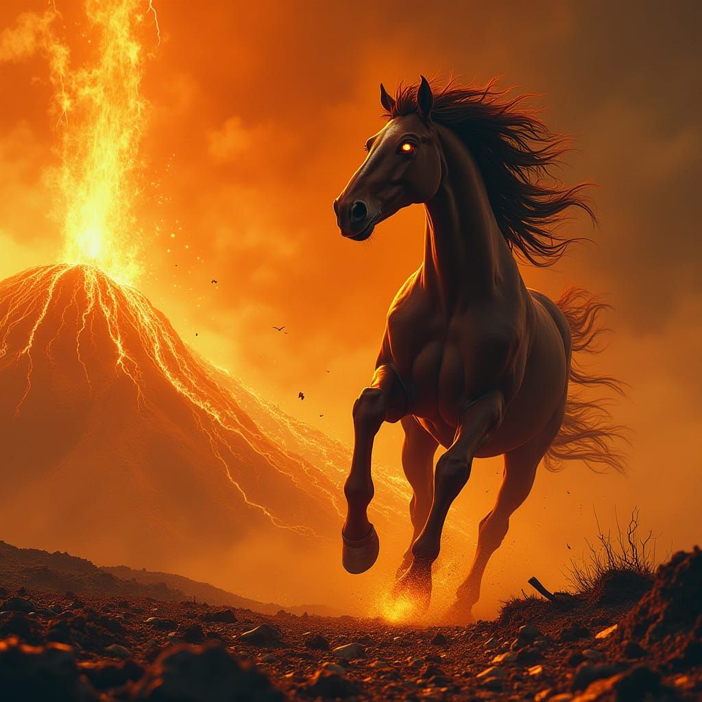 Dramatic Horse Flees Lava-Scarred Volcano in Fiery Inferno S...