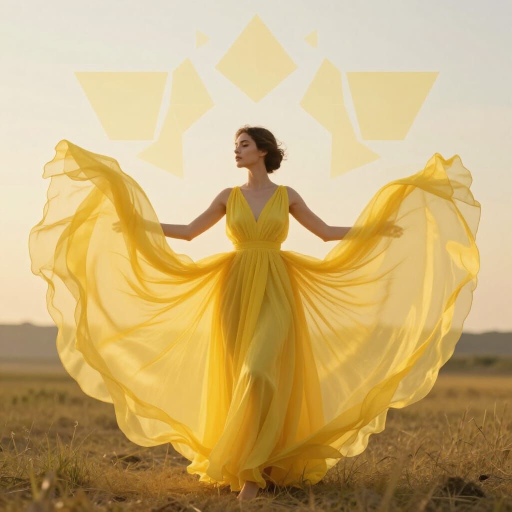 Yellow Double Exposure Dress with Symmetrical Shapes on Woma...
