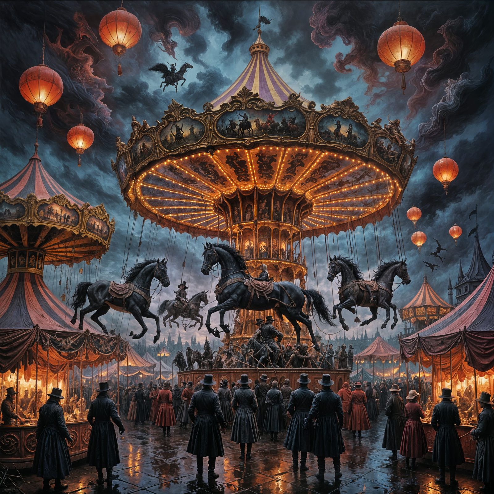 Haunting Carnival at Dusk with Twisted Figures