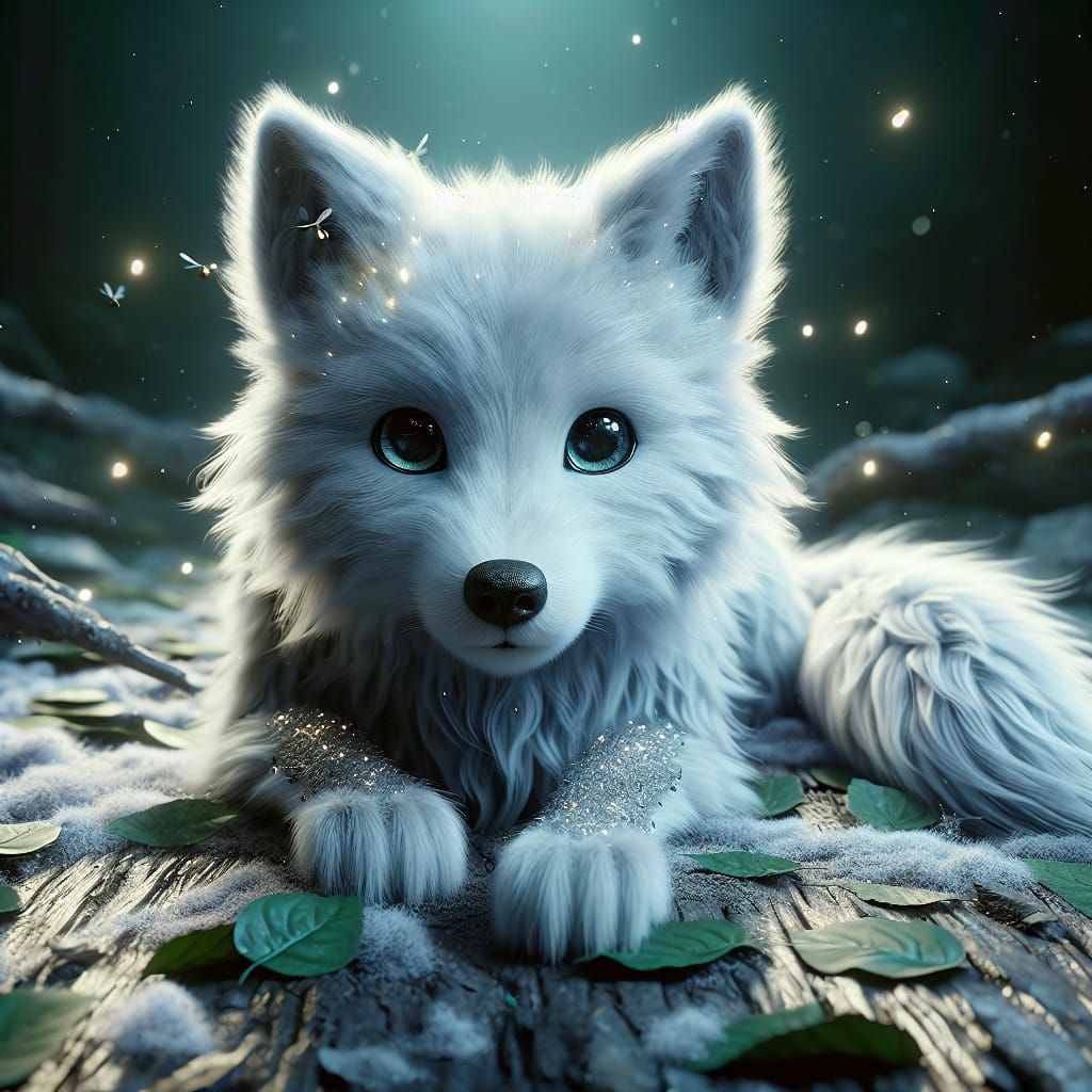 Cute White Wolf with Fireflies in Futuristic Style