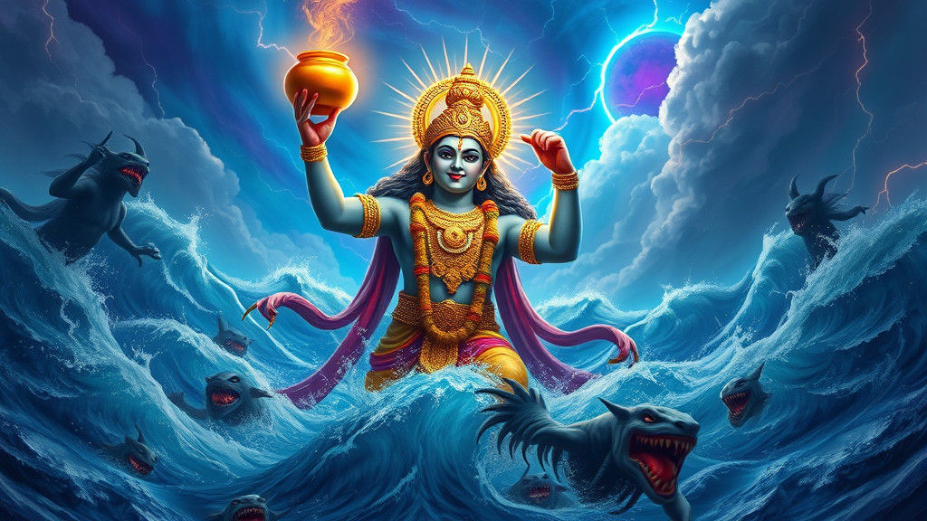 Vishnu as Mohini Holds Amrit Pot Aloft