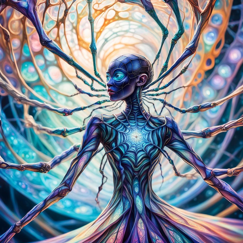 Surreal Female Arachnid in Iridescent Vortex
