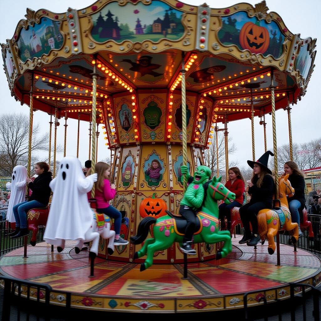 Halloween Carousel with Spooky Seats and Scared Riders