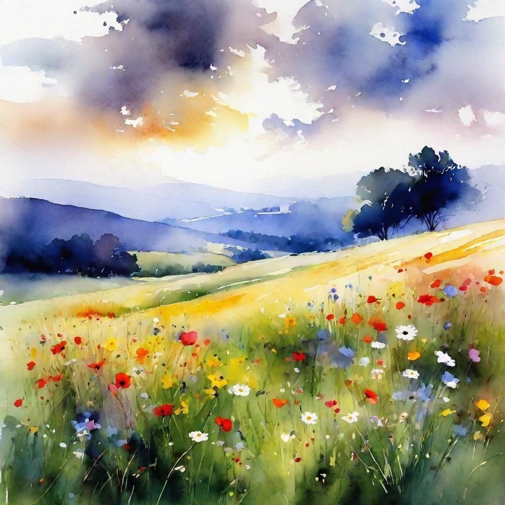 Colorful Wildflower Meadow in Watercolor Style