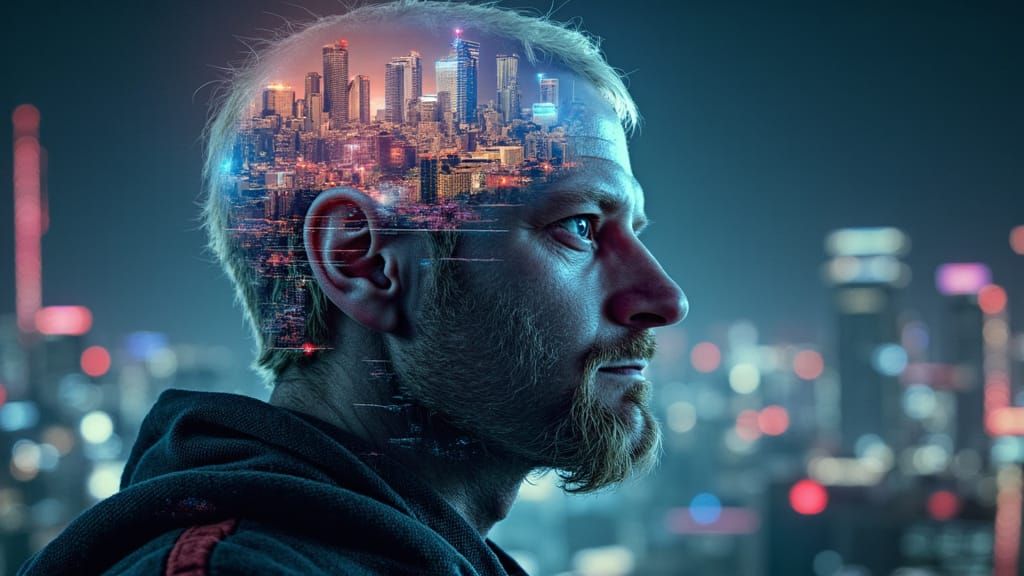 Man with Cyberpunk City in Glass Head