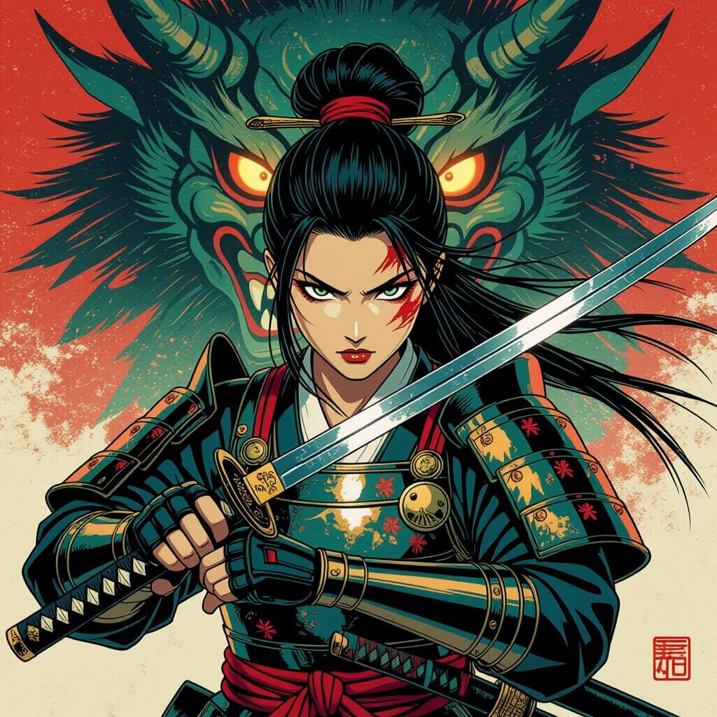 Anime Warrior with Demon Reflection in Katana