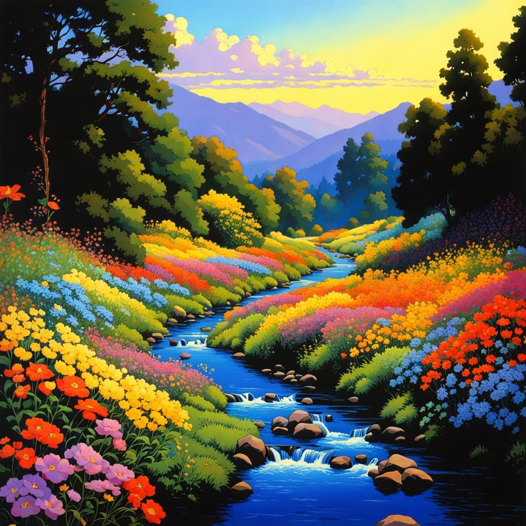 Colorful Wildflower Countryside Stream in Parrish Anime Styl...