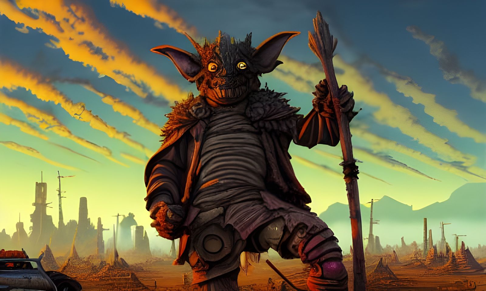 Goblin Warrior Surveys Post-Apocalyptic Wasteland in Ukiyo-e...