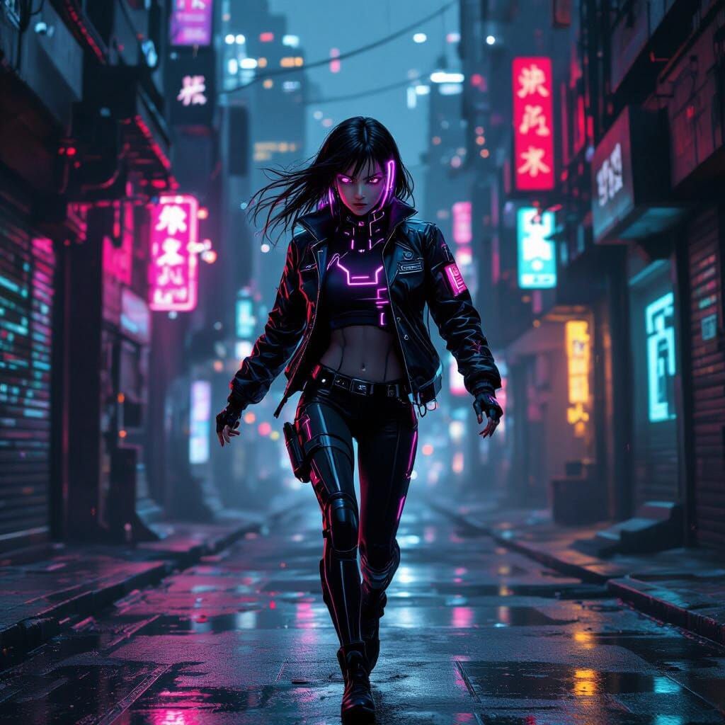 Anime Cyber Girl Running in Dystopian Cyberpunk Cityscape