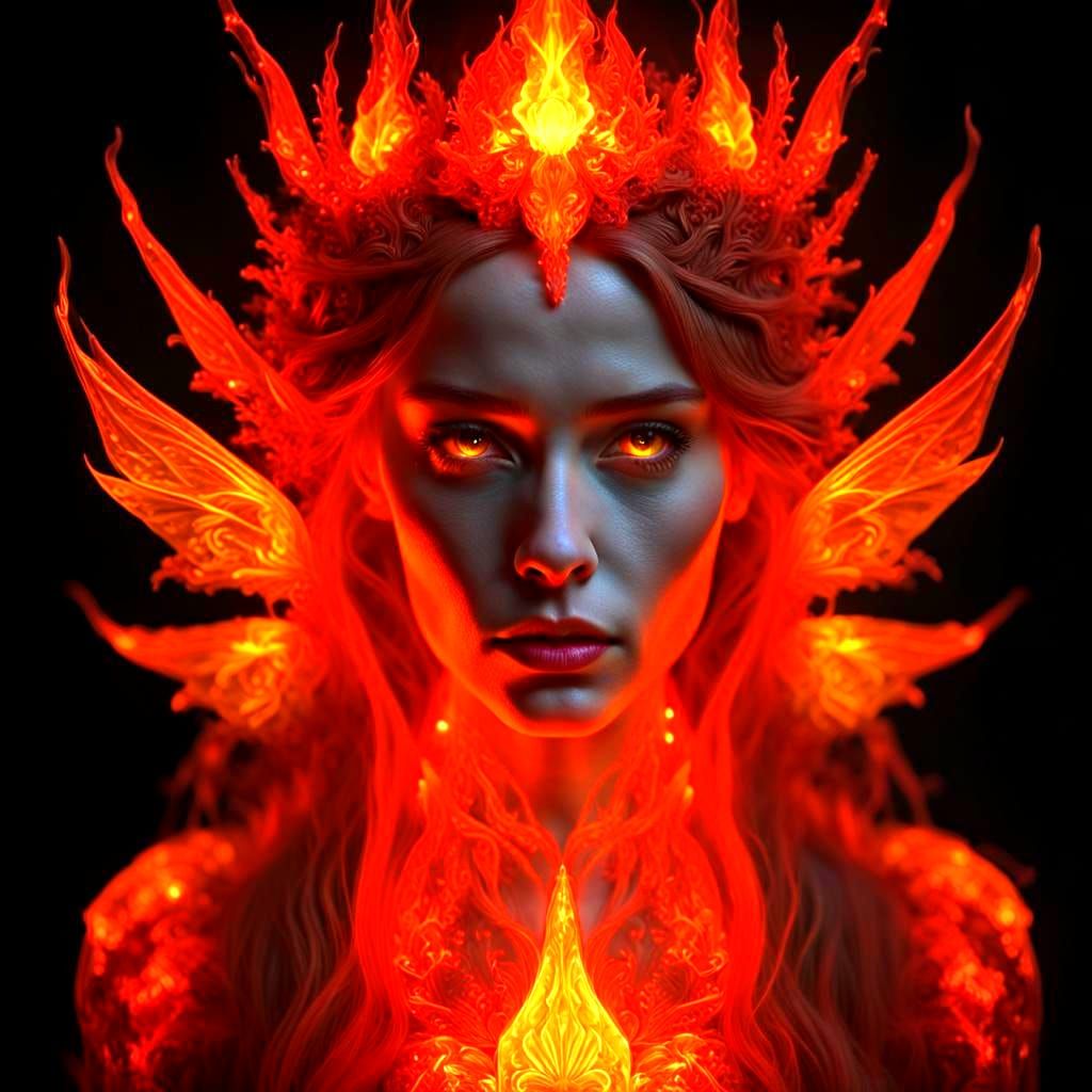 Bioluminescent Fire Fairy Portrait with Crystal Castle