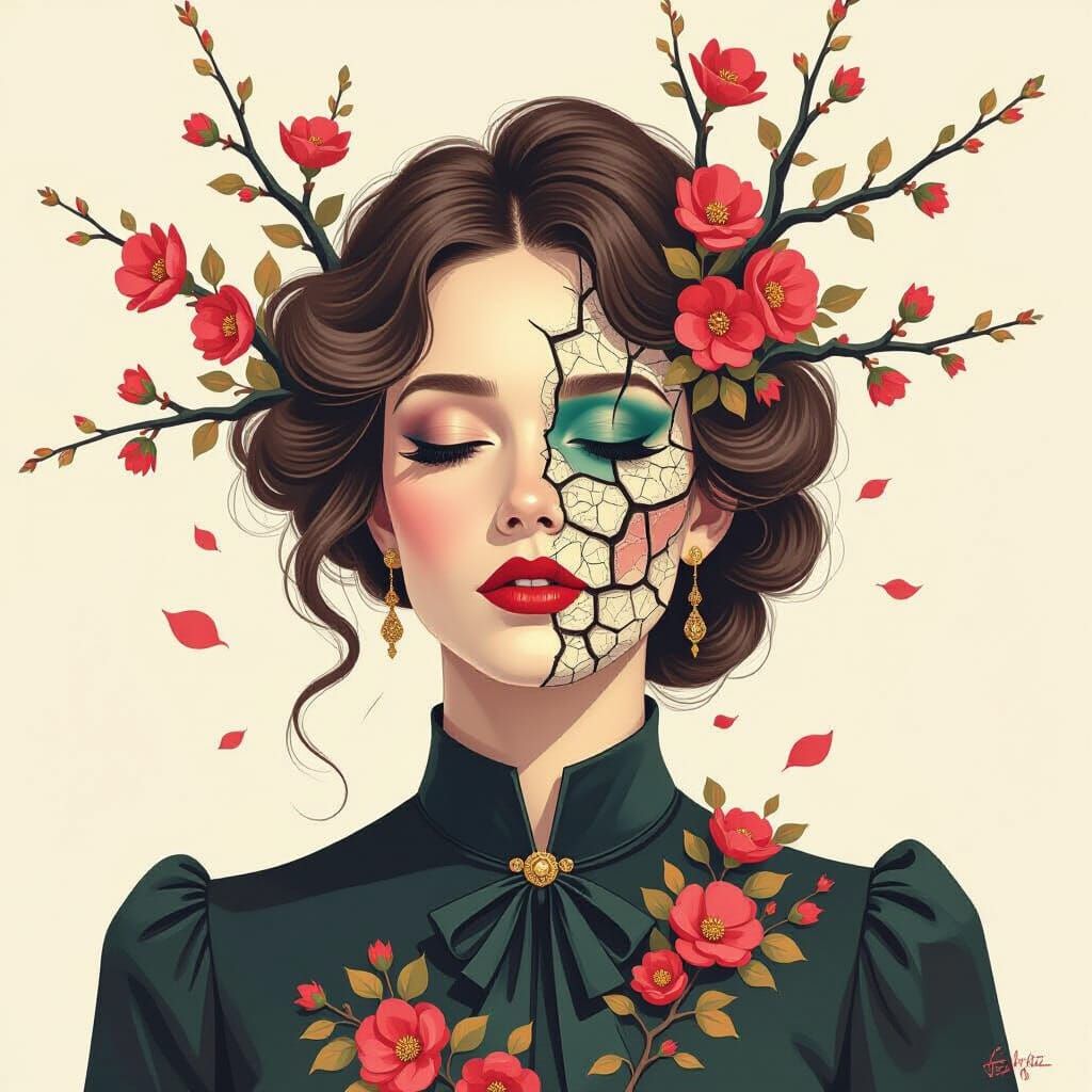 Surreal Portrait Dissolving into Nature as Gouache Painting