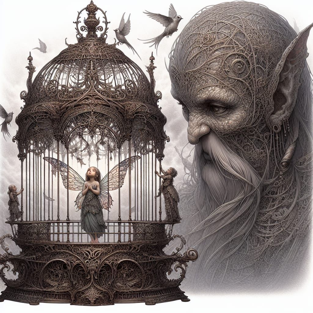 Sad Fairy Captive in Gothic Cage Watched by Witch