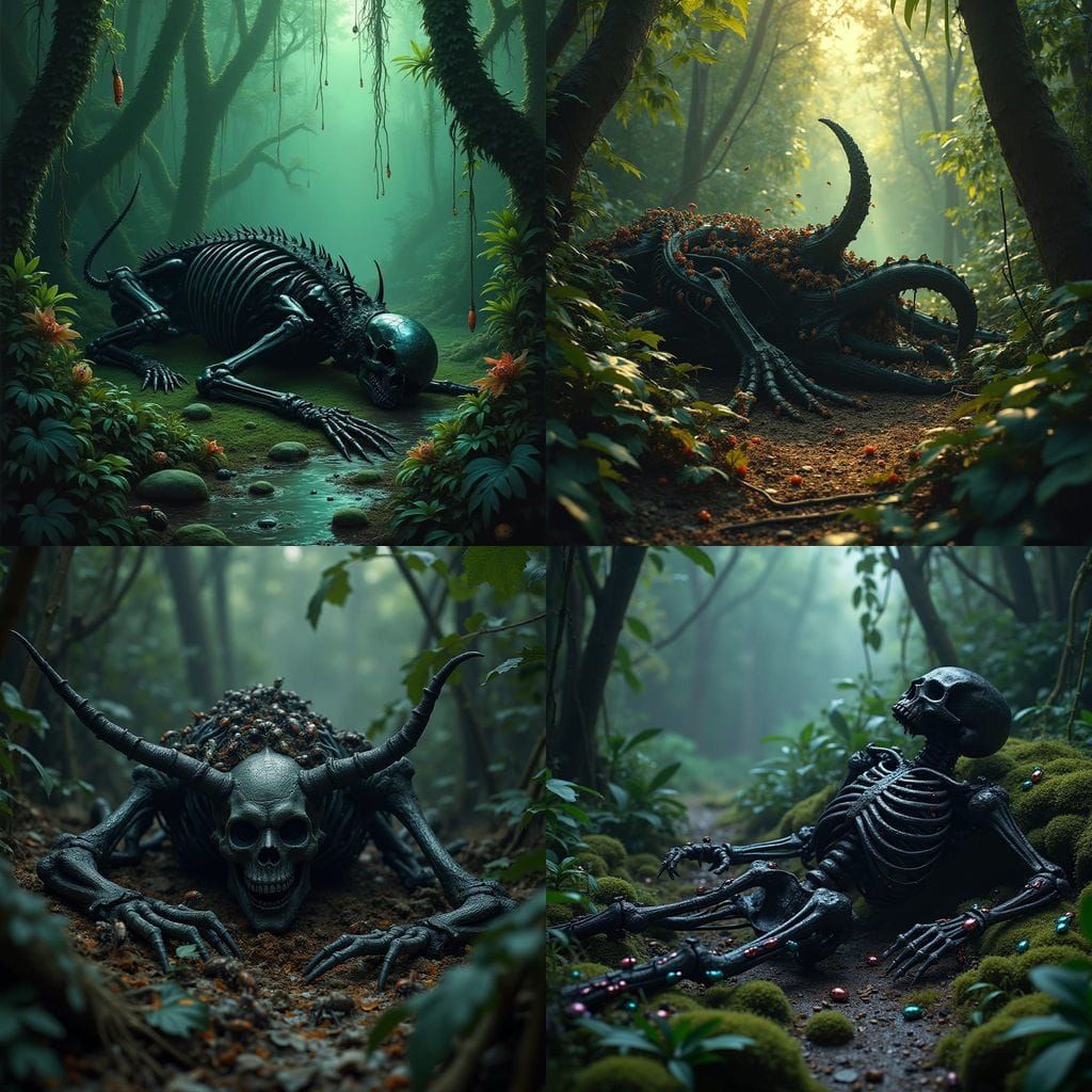 Dark Demon Skeleton in Jungle Decay, as Gruesome Diorama Art