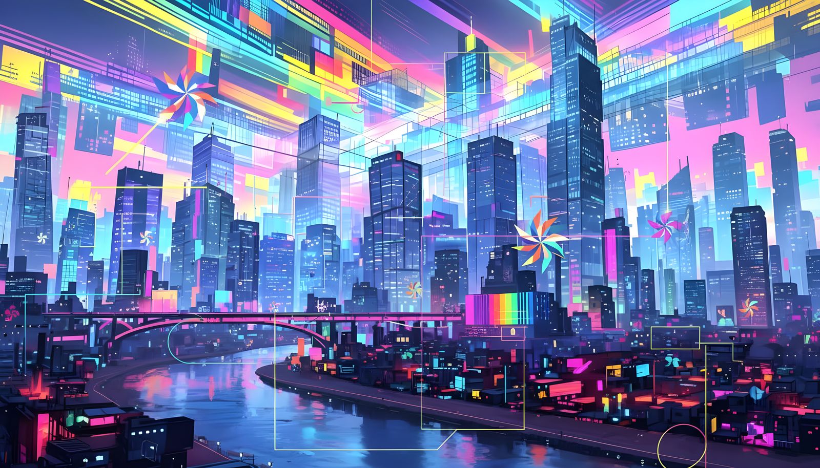 Kaleidoscopic Cityscape with River, Murakami Style