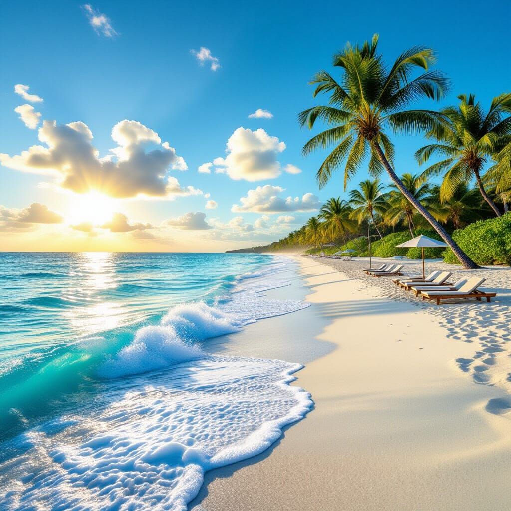 Frozen Azure Ocean Wave on Tropical Beach at Golden Hour