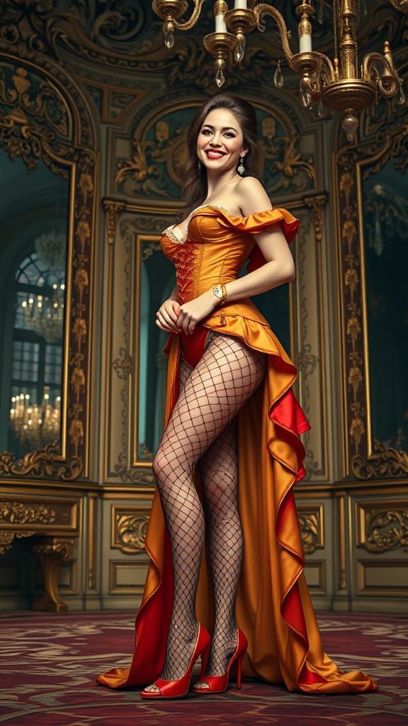 Baroque Woman in Ornate Room, Alphonse Mucha Style