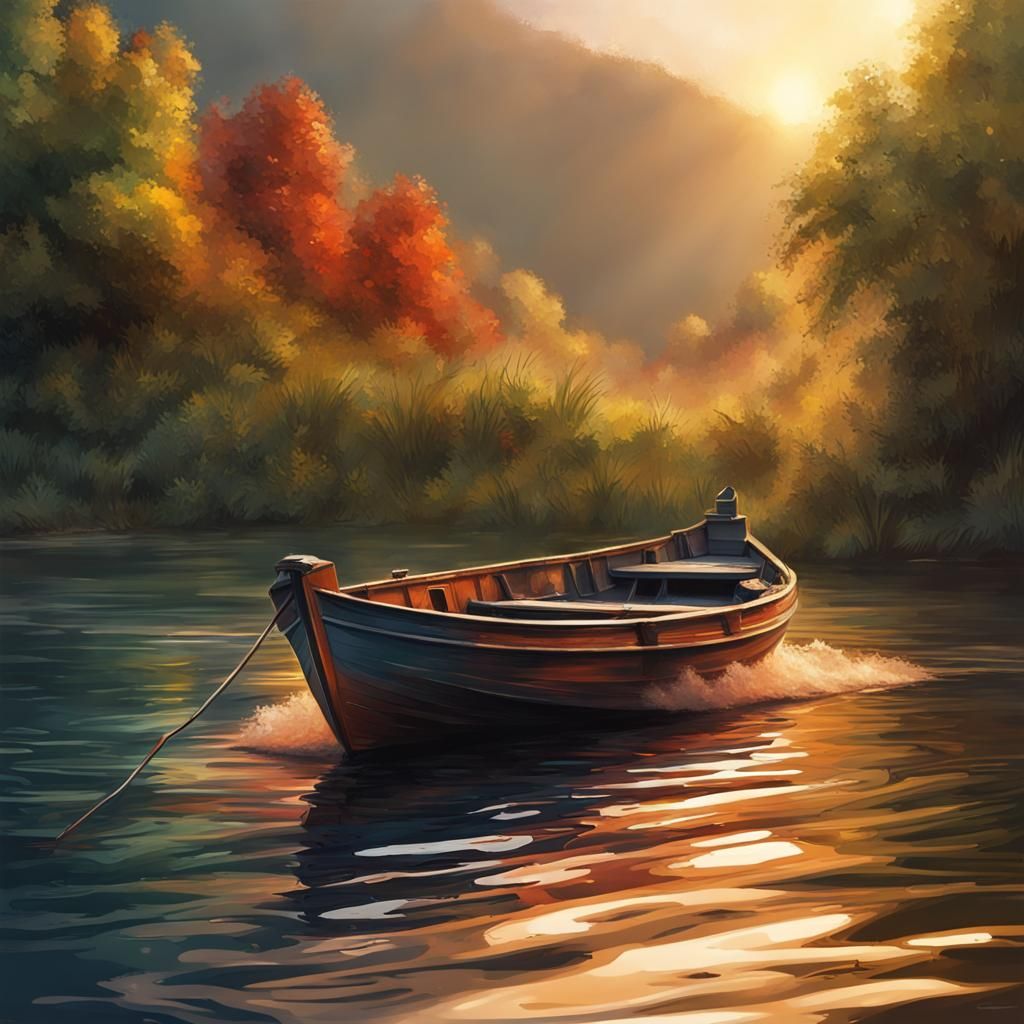 Hyperrealistic Boat on River Splash Art
