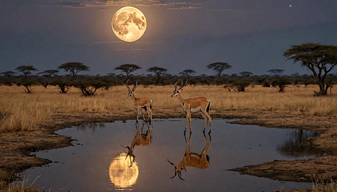 African Savannah Gazelle at Waterhole Under Moonlight