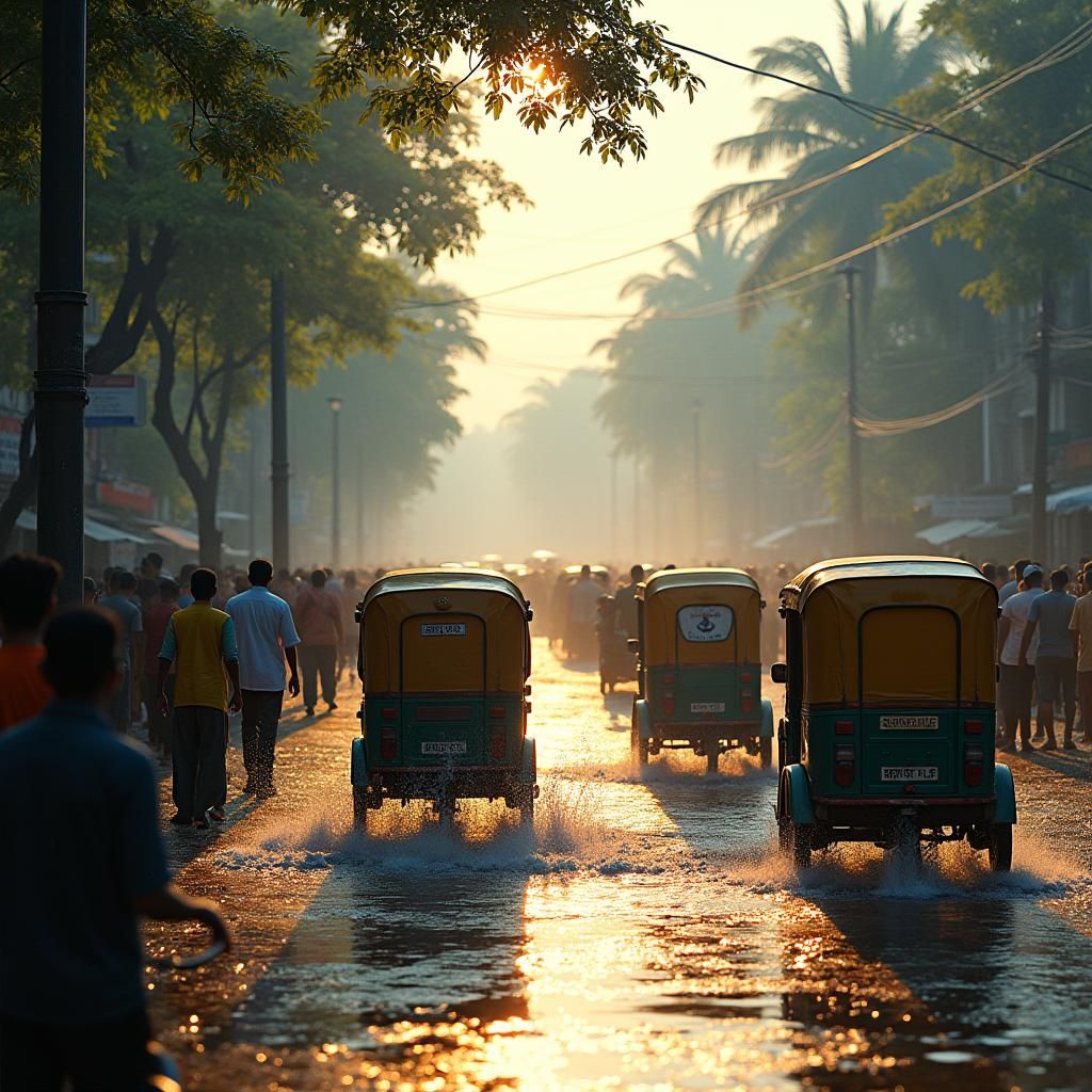 Lively Dhaka Car Wash: Photorealistic Urban Scene
