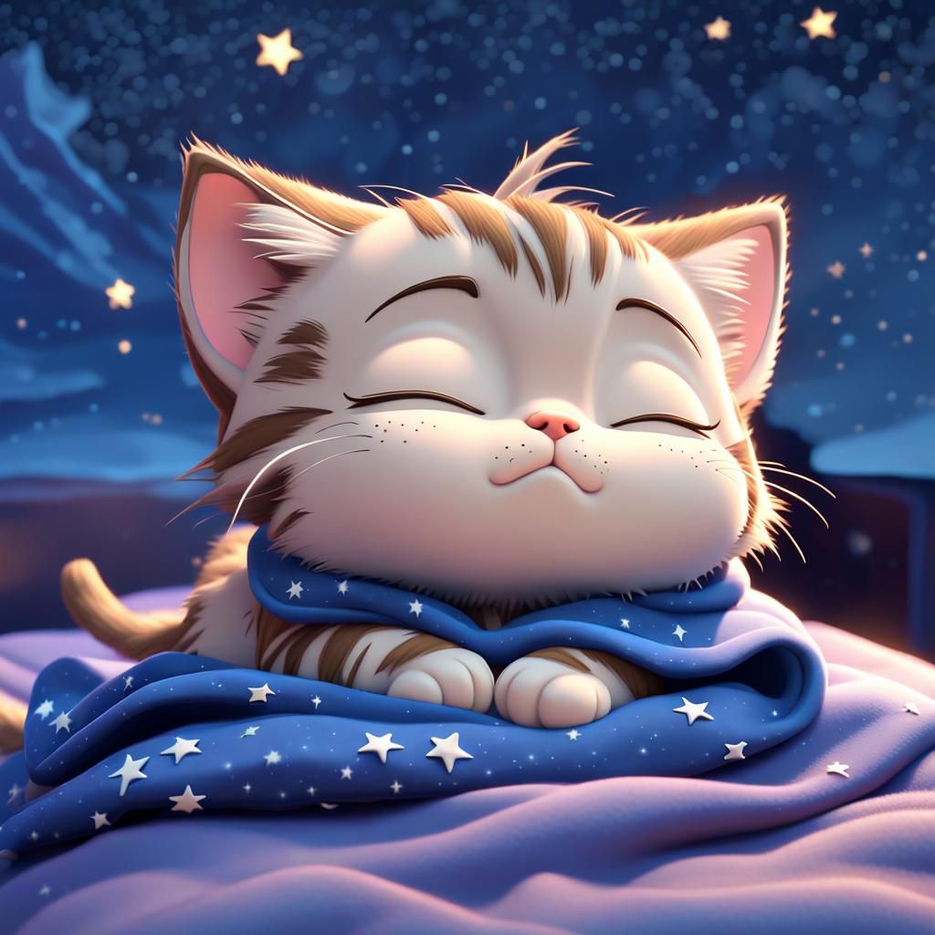Cute Kitten Dreams Under Starry Sky in 3D