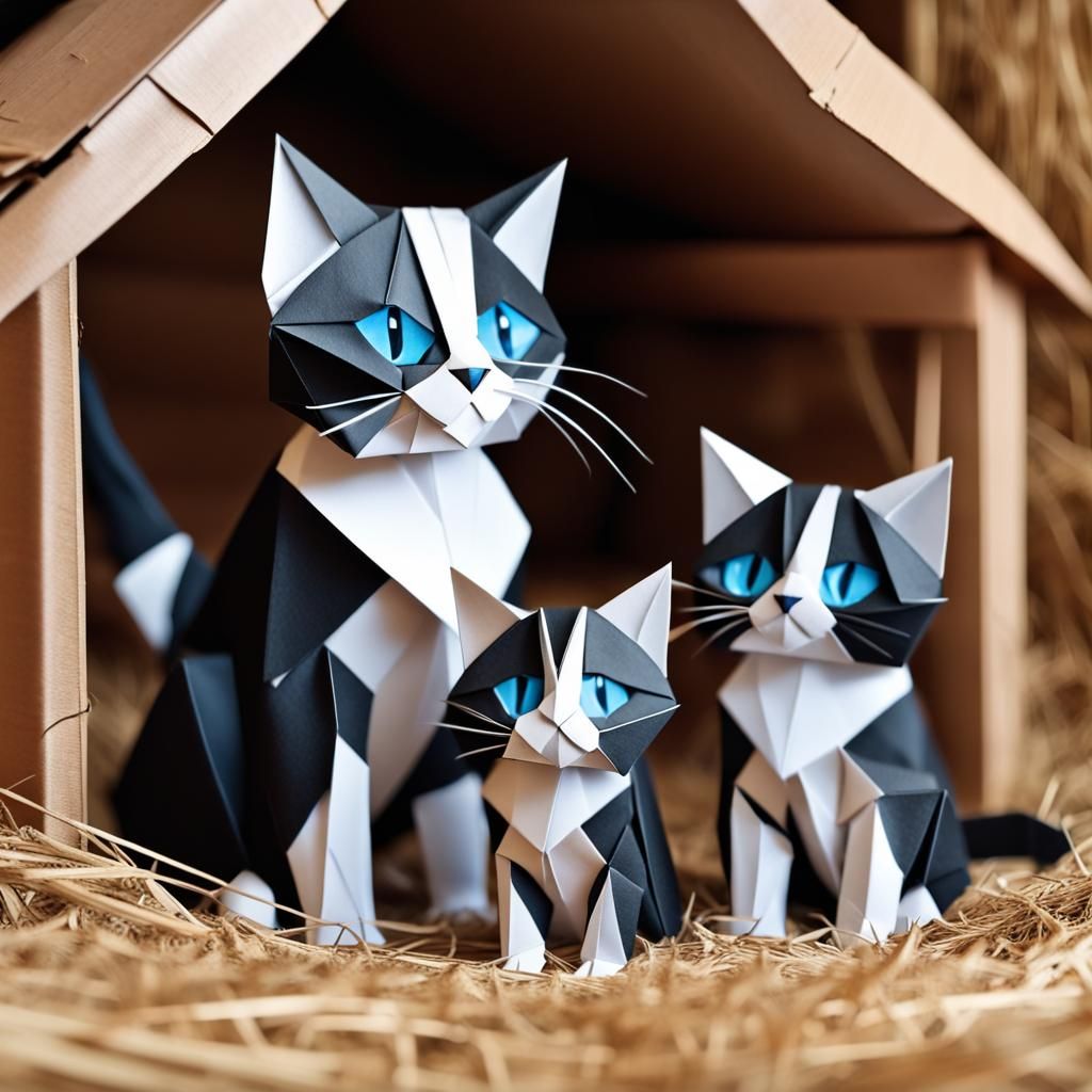 Happy Kittens Play in Hay: Origami Papercraft
