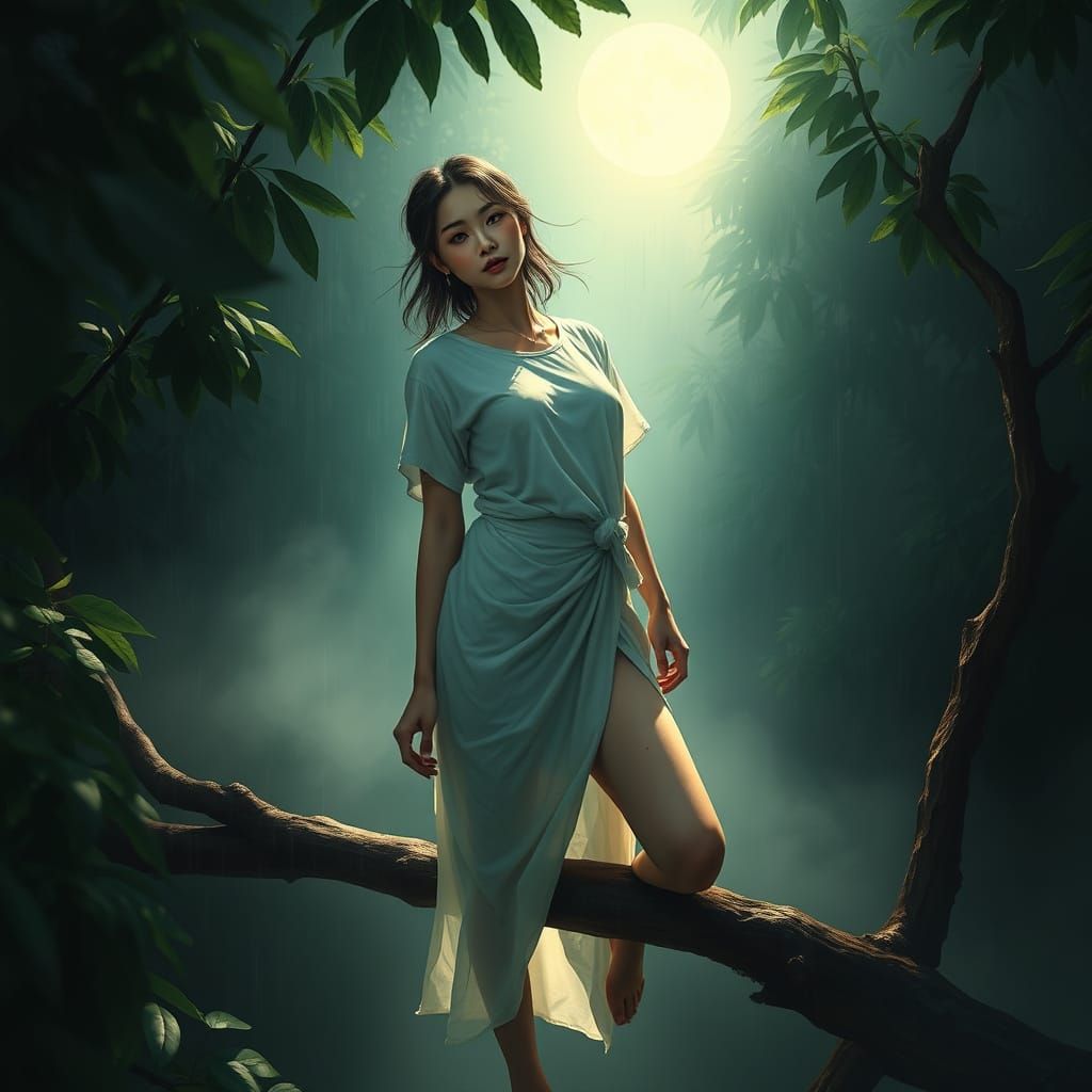 A woman lost in the misty woods