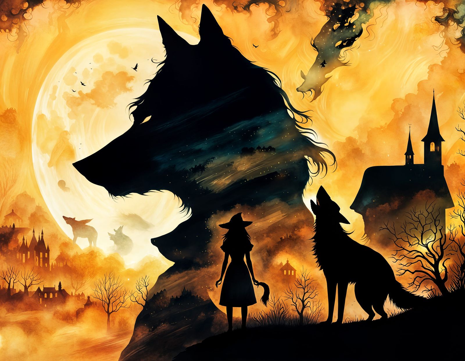 Witch and Wolf Silhouette in Double Exposure Art
