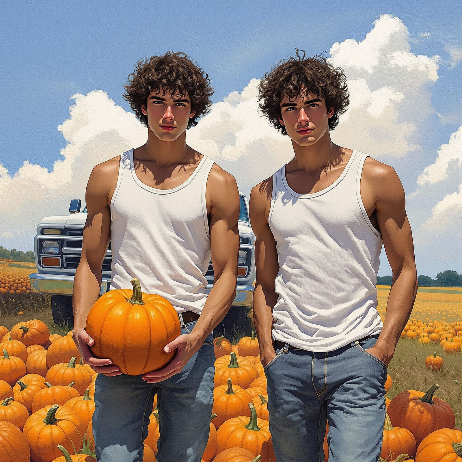 Italian Men Carrying Pumpkins in Gouache Style
