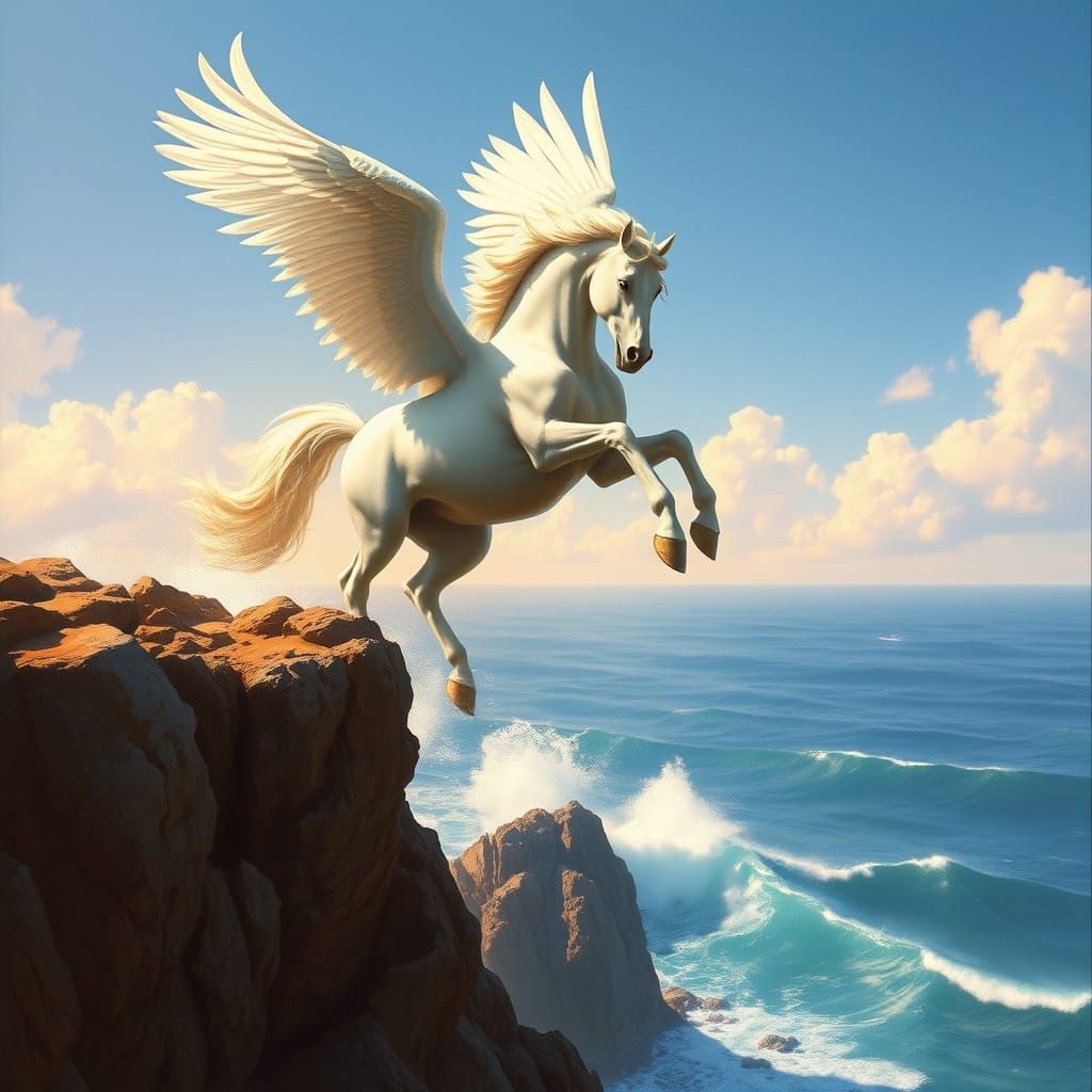 Majestic Pegasus Dives into Turquoise Ocean in Dreamlike Sty...