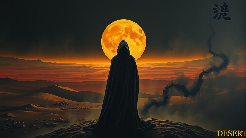 Mystical Figure in Desert Landscape with Ancient Symbols