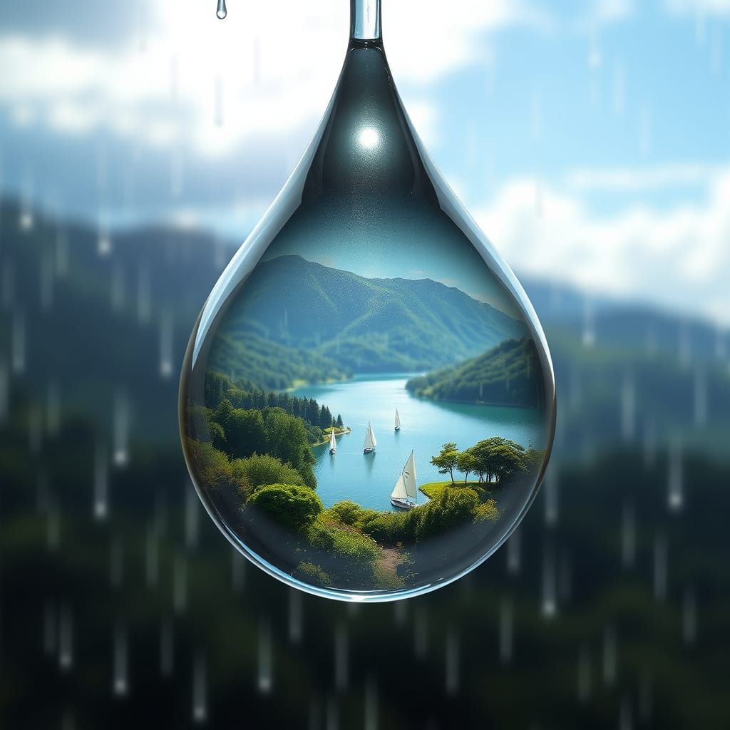 3D Raindrop Containing a Serene Lake Landscape in Hyper-Real...