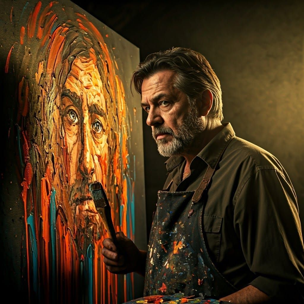 Photorealistic Painter in Dimly Lit Studio with Vibrant Pain...