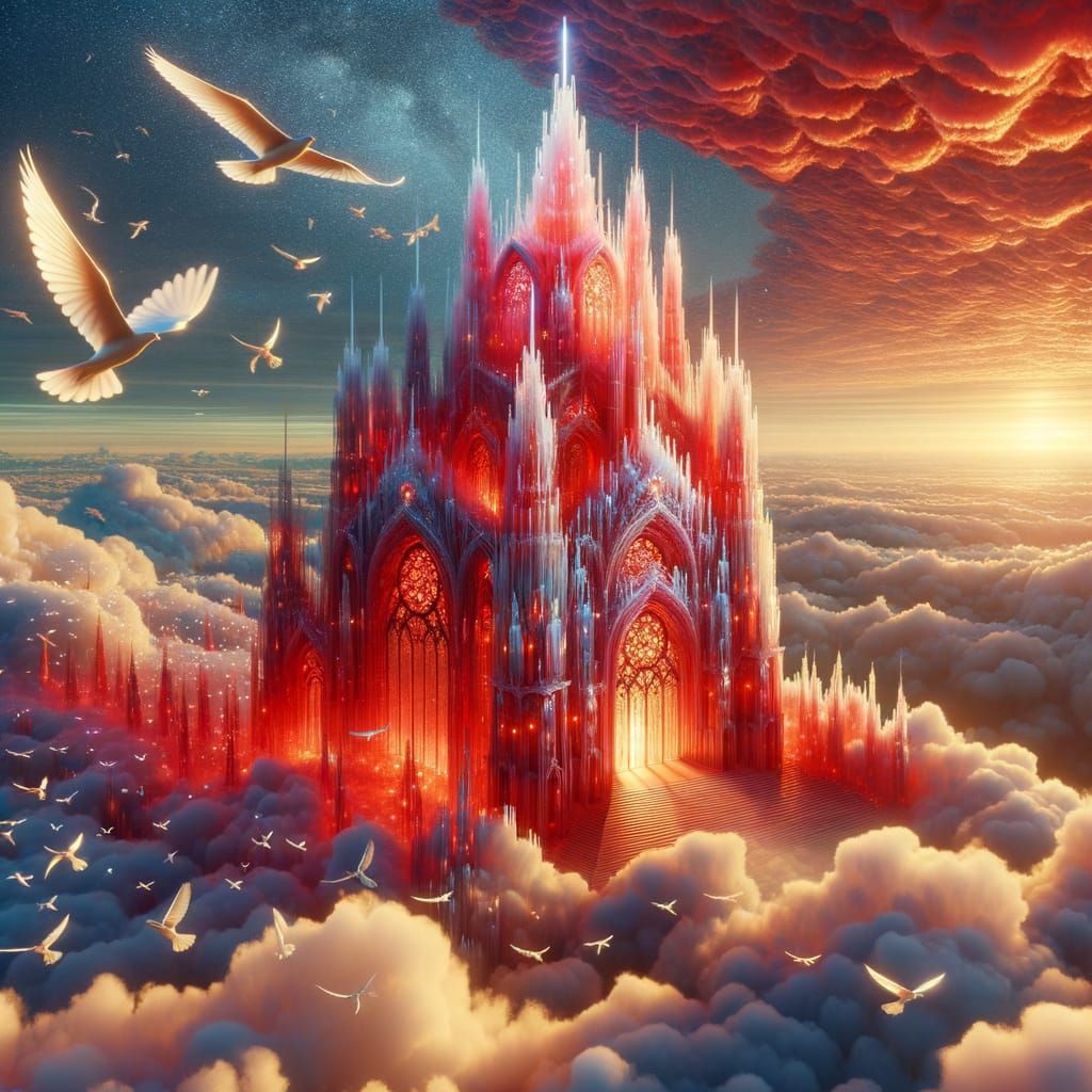 Surreal Crystal Cathedral Floating in Sunset Clouds