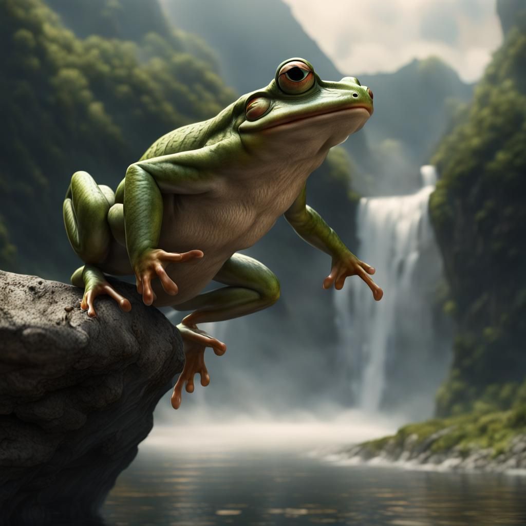 Hyper-Realistic Frog Leaping by Waterfall, Renaissance Style