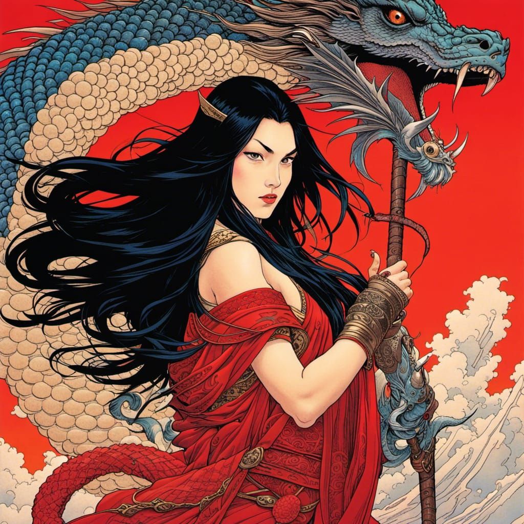 Samurai Woman and Dragons in Comic Art Style