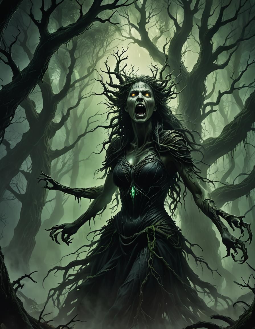 Eerie Banshee Screaming in Misty Forest