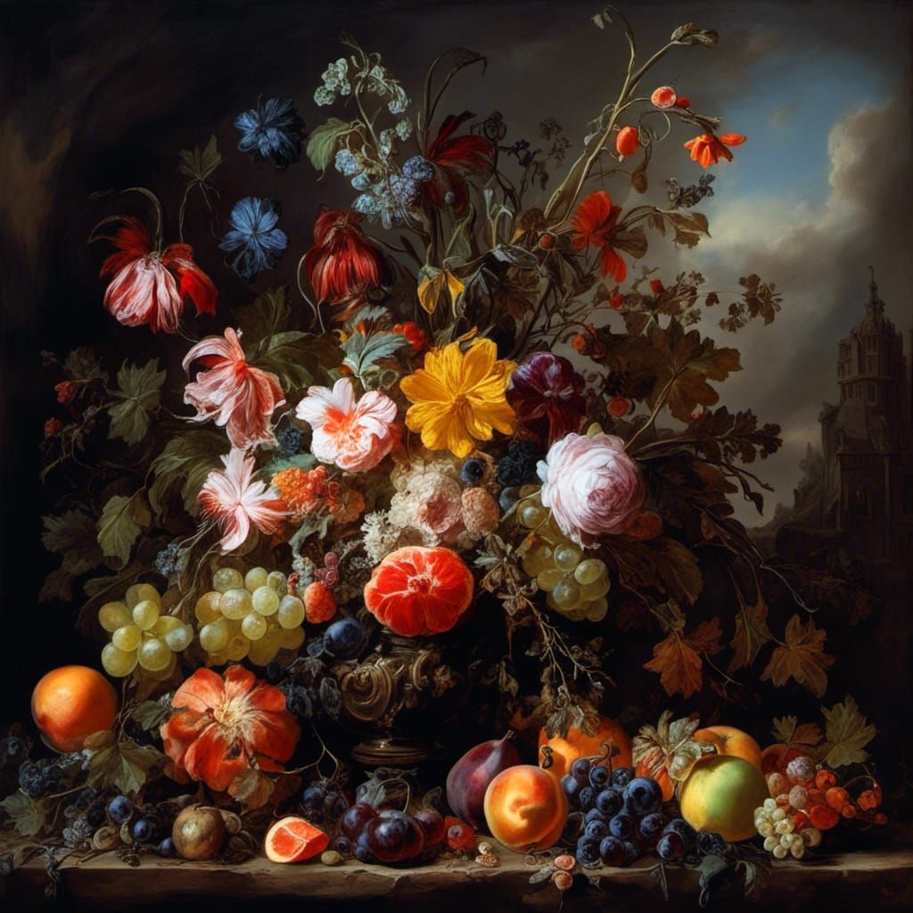 Baroque Still Life with Flowers and Fruit